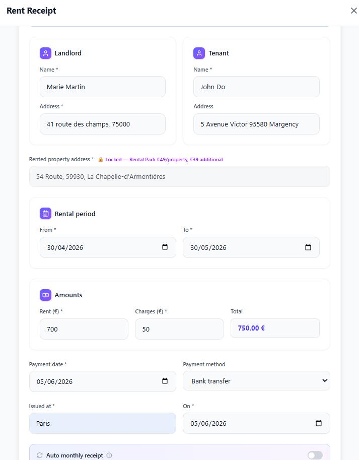 AdminLanding rental form with pre-filled landlord and tenant details