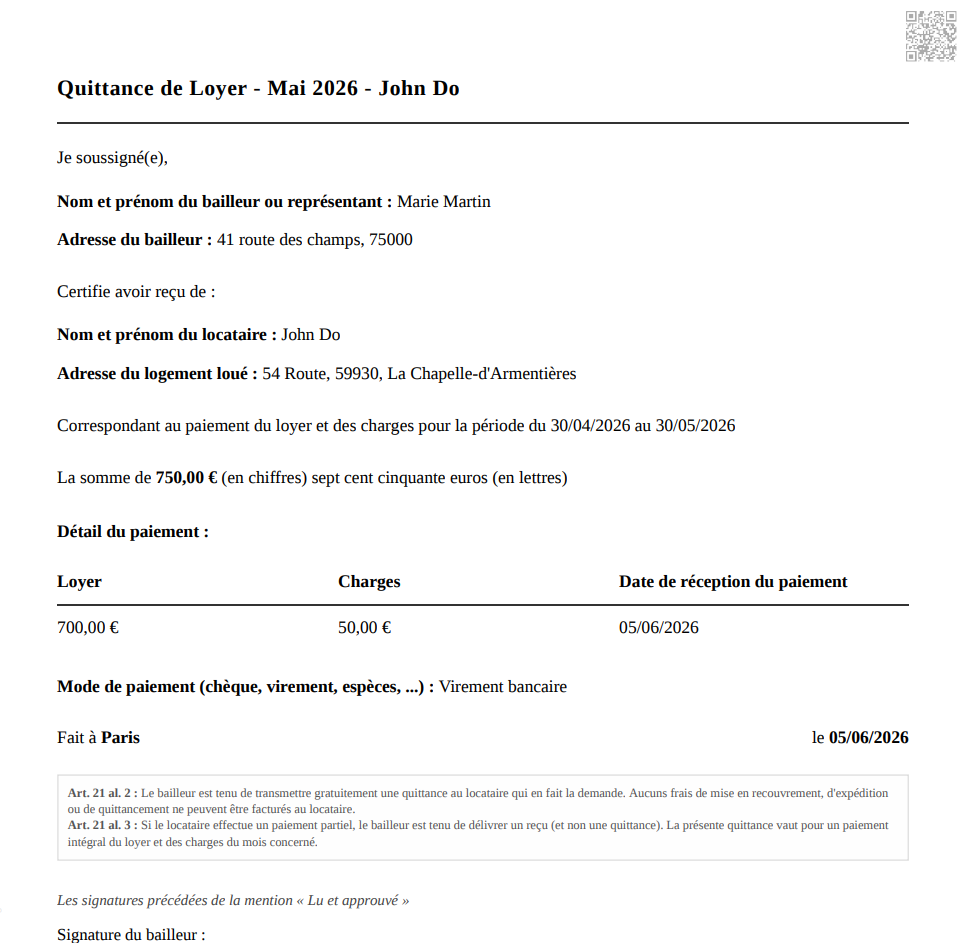 AdminLanding rental document preview showing generated French document